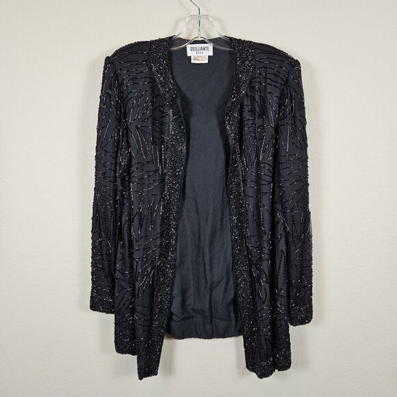 Vintage Beaded Silk Jacket Duster Coat Large Elegant Black Party Wedding Blazer - Picture 3 of 16